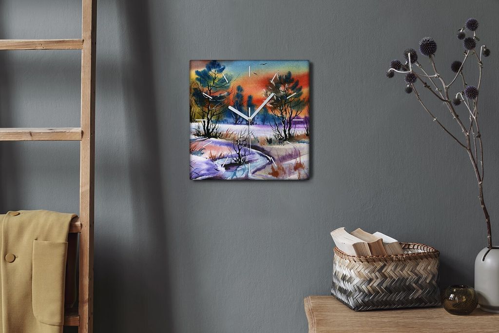 Coloray Hodiny Unikátní 30x30 cm Tiché hodiny Pro obývací pokoj a kuchyň Nástěnné hodiny Plátno Bílé ručičky hodin - Malování zimn...