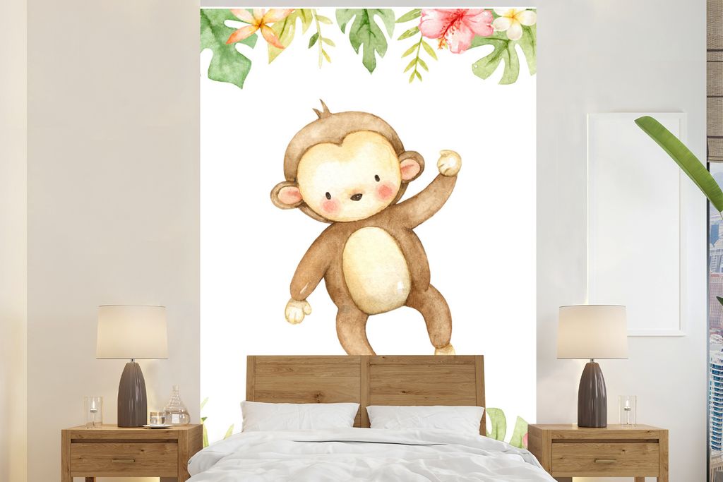 MuchoWow Fototapete für Wohnzimmer oder Schlafzimmer Wandtapete Vinyl Motivtapete Affe - Blumen - Dschungel - 170x260 cm - Wohnzimmertapete