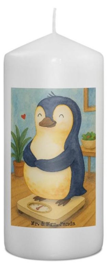Mr. & Mrs. Panda Kerze Pinguin Diät Design 15 x 7 cm - Weiß - Geschenk, Erinnerungslicht, Gewicht, Bedruckte, Stumpenkerze, Blockkerze, Abnehmen,...