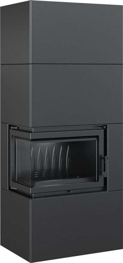 A modern, dark gray fireplace insert with a glass door.