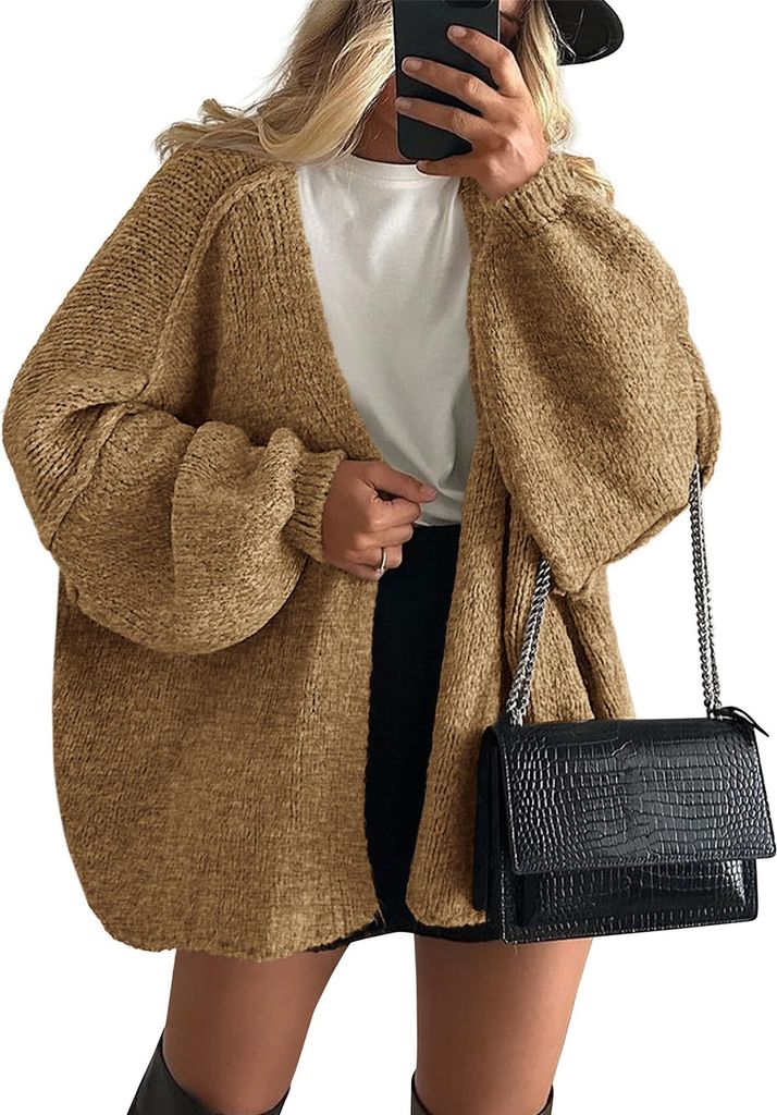 ASKSA Damen Strickjacke Offene Front Strickpullover Elegant Laternenaermel Einfarbig Oversized Casual Winter Strick Cardigan Strickmantel (Kamel,S)