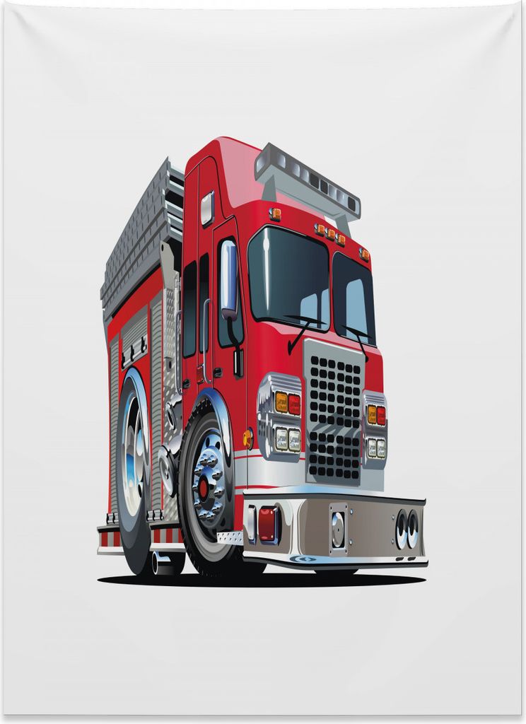 Abakuhaus LKW Wandteppich, Cartoon-Stil Feuerwehrmann aus Weiches Mikrofaser Stoff Kein Verblassen Klare Farben Waschbar, 110 x 150 cm, Hellgrau Rot