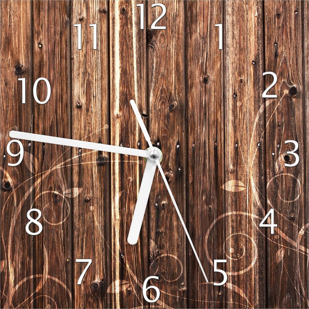 Wallario Design Wanduhr Holz in dunkelbraun mit Blumenmuster - Schnörkel aus Echtglas, Größe 20 x 20 cm