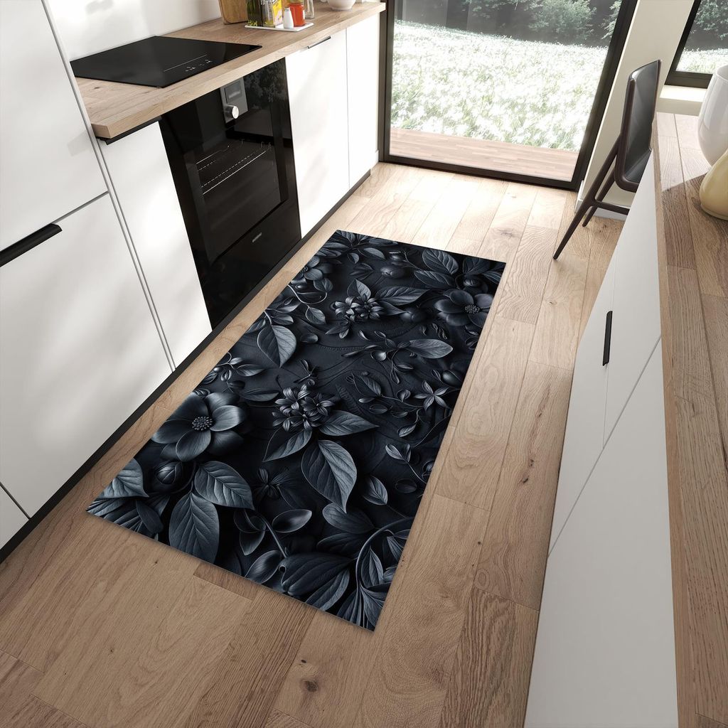 Küchenteppich 90x180cm rutschfest & abwischbar PVC Läufer - Blumenmuster Dunkel
