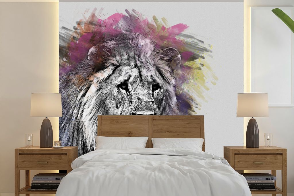 MuchoWow Fototapete für Wohnzimmer oder Schlafzimmer Wandtapete Vinyl Motivtapete Löwe - Farben - Schwarz - Weiß - 240x240 cm - Schlafzimmer-T...