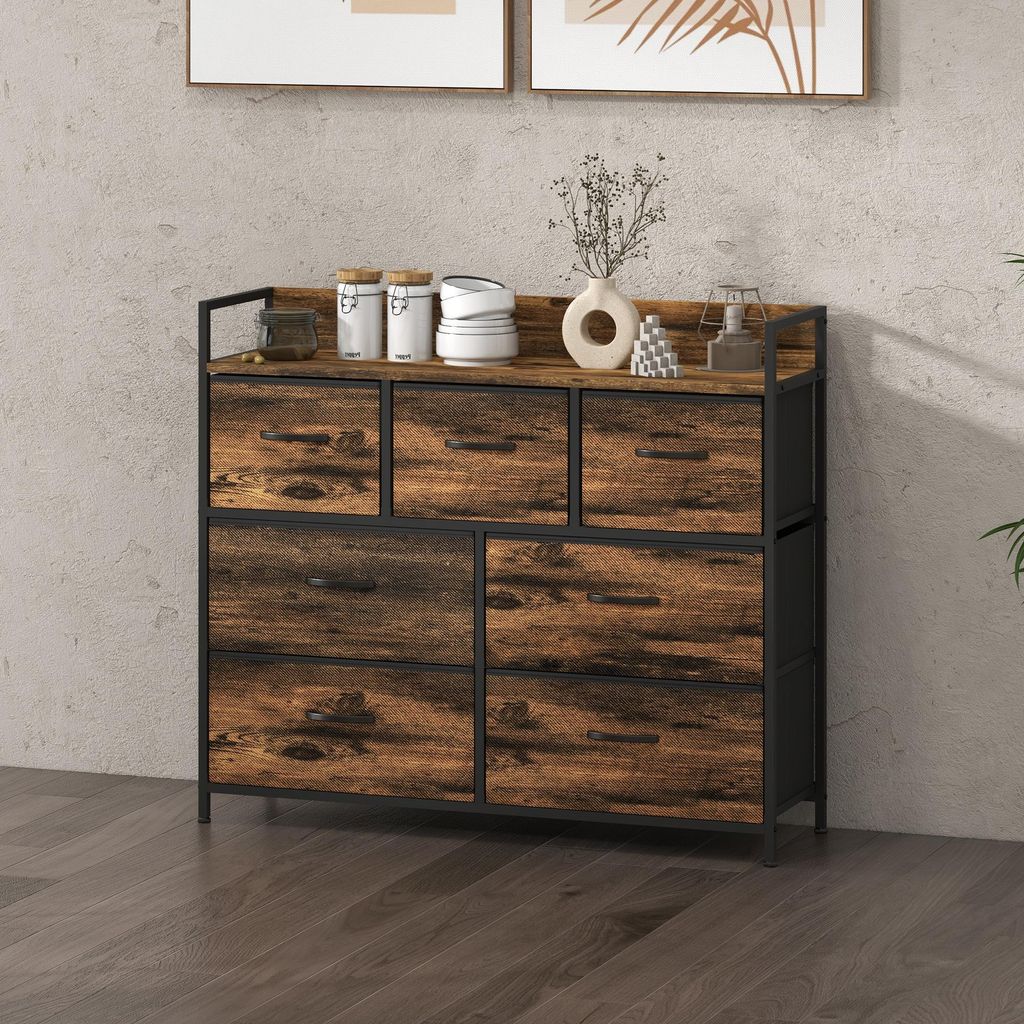 Kommode Sideboard mit 7 Stoffschubladen, Industriestil Aufbewahrungsschrank, Stahlrahmen, Rustikal-Braun | 98 x 29 x 85 cm | 15 kg Tragkraft | 12,5 kg