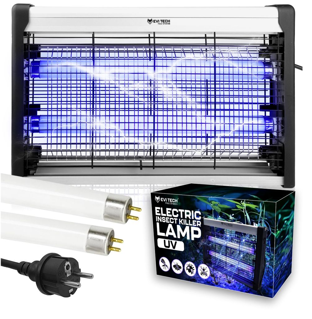 Elektrischer Insektenvernichter XL, 1800V UV Mückenfalle gegen Fliegen & Motten, 300m² Reichweite, 20W Alugehäuse ohne Chemie, EVI TECH Pest Shield