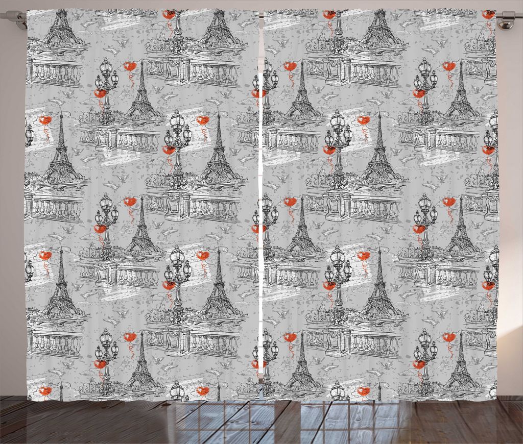 ABAKUHAUS Eiffel Rustikaler Vorhang, Seine und Tauben, Wohnzimmer Universalband Gardinen mit Schlaufen und Haken, 280 x 245 cm, Schwarz Grau Rot