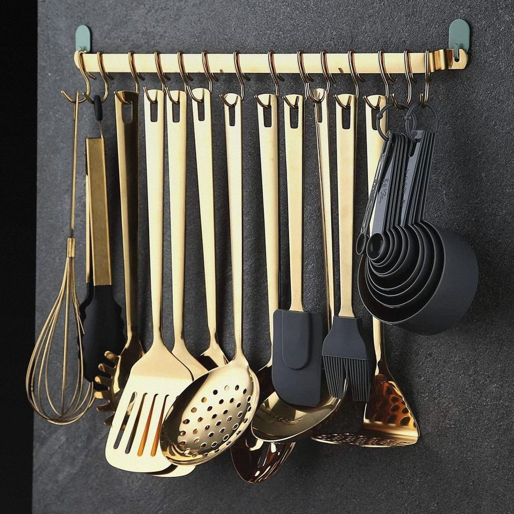 Küchenutensilienregal mit 14 Haken, Küchenregal mit Gold-Titan-Beschichtung,Schienenregal-Organizer zum Aufhängen von Messern,Wandmontierte Gour...