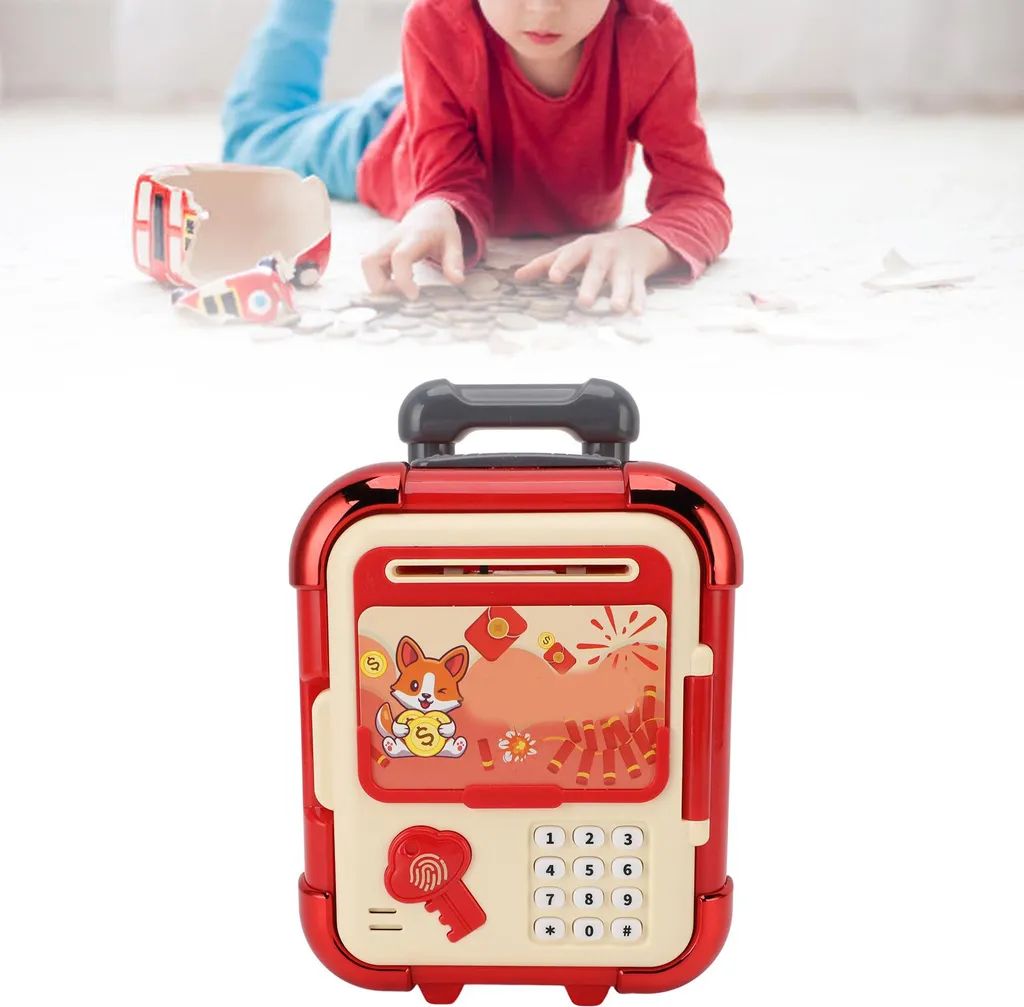 Coffre-fort tirelire enfant à empreinte digitale et code secret rouge - 5