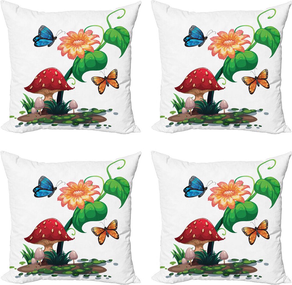 ABAKUHAUS Pilz Kissenbezug Set (4 Stück), Blühende Pflanze Schmetterling, Moderner Doppelseitiger Digitaldruck, 45 cm x 45 cm, Mehrfarbig