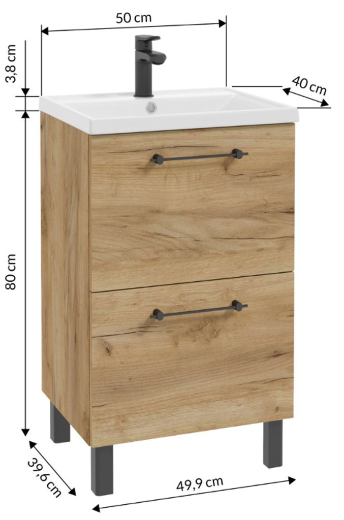 A diagram of a bathroom vanity with dimensions indicated.