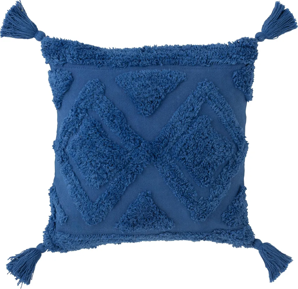 Coussin Décoratif Bleu en Coton avec Pompons Style Bohème Chic J-Line