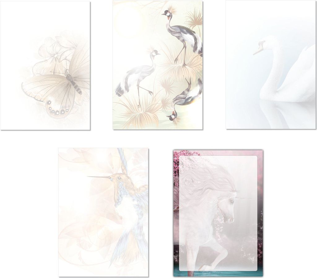 5 x 10 Blatt Motivpapier Briefpapier Mix DIN A4 Schmetterlinge Pfauen Schwan Eisvogel Einhorn (Tiere-5242)