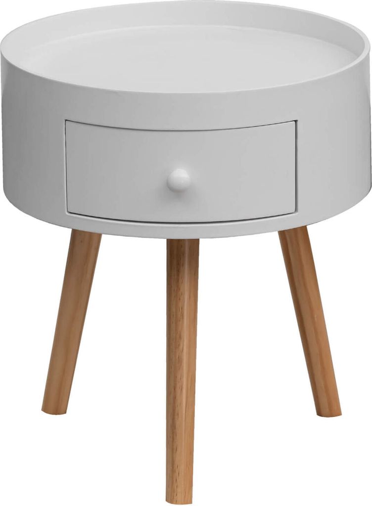 A white round bedside table with a drawer and three wooden legs, isolated on a white background.