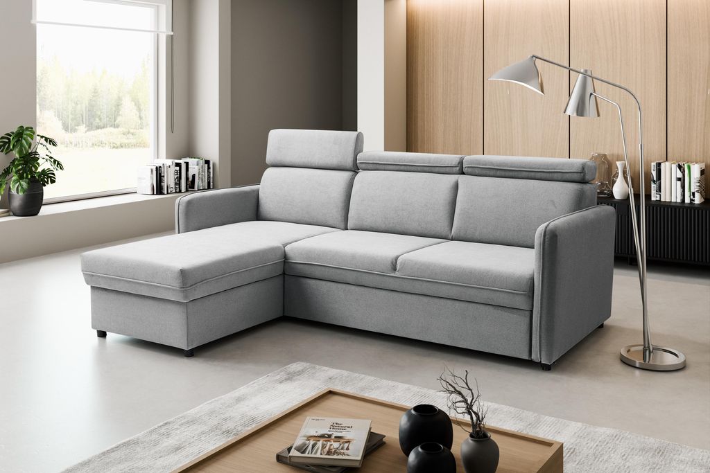 BARCELO Universelles Ecksofa 220x165 cm L-Form mit: Schlaffunktion, Bettkasten & Verstellbare Kopfstützen, Grau - Enjoy New 21