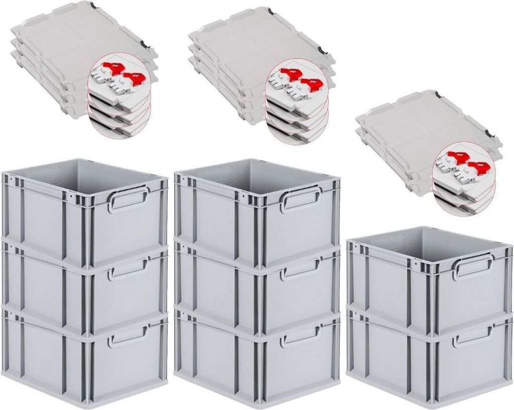 SuperSparSet 8x Eurobox NextGen Grip mit Scharnierdeckel und roten Schiebeschnappverschlüssen | HxBxT 22x30x40cm | 20 Liter | Griffe geschlossen |...