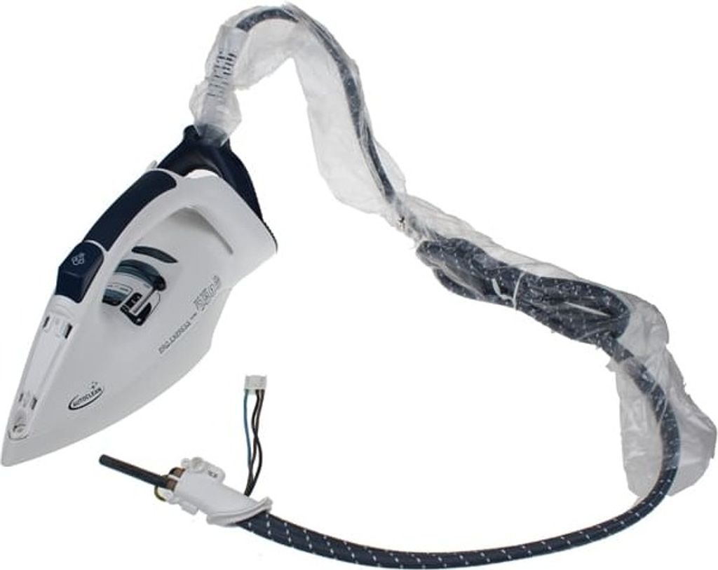 A white and blue iron with its power cord, presented on a white background.