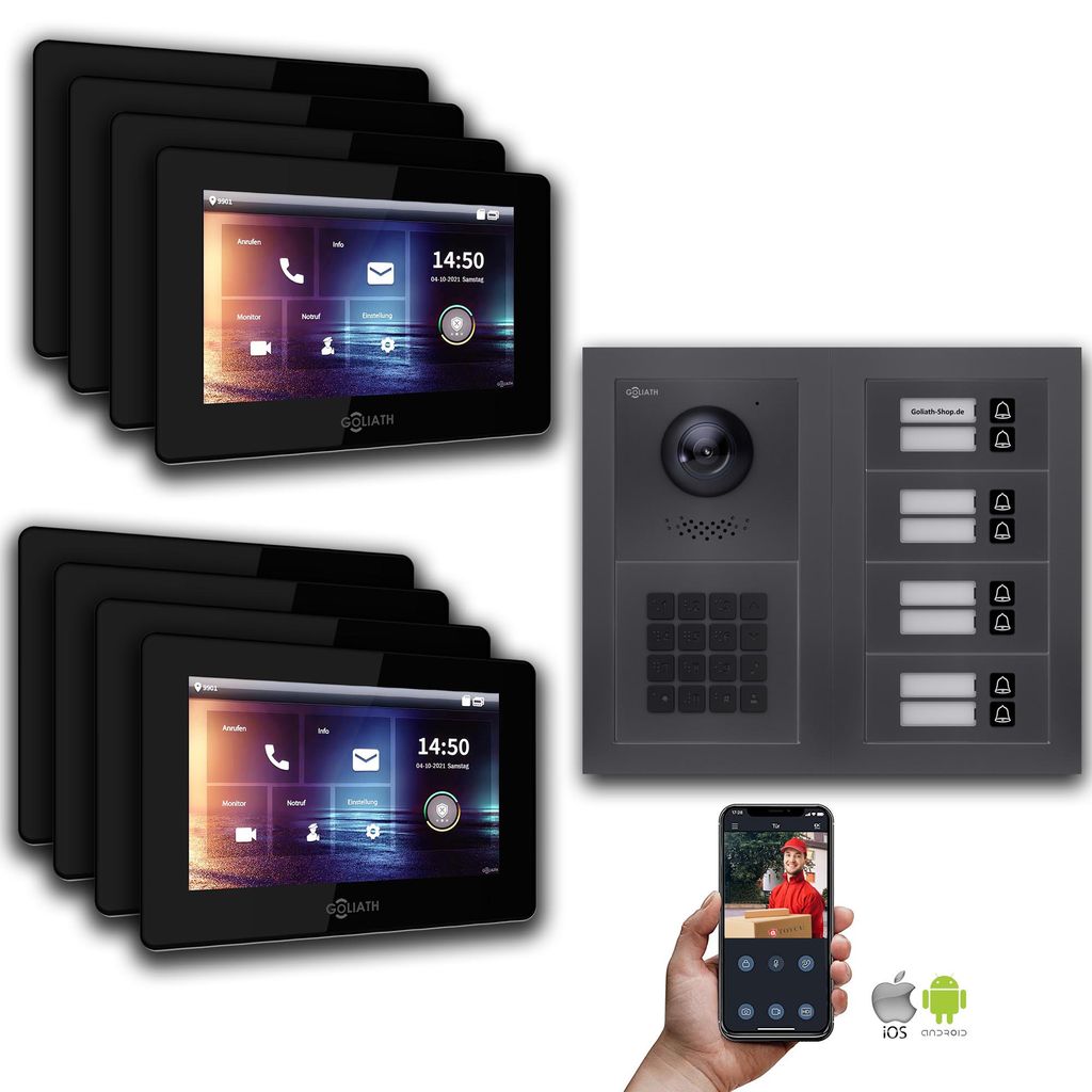 Goliath 2-Draht BUS Video Türsprechanlage: 8 Familienhaus, Zahlencode, Anthrazit : Aufputzdose : 7 Zoll in Schwarz Monitor Auswahl: 7 Zoll in Schw...