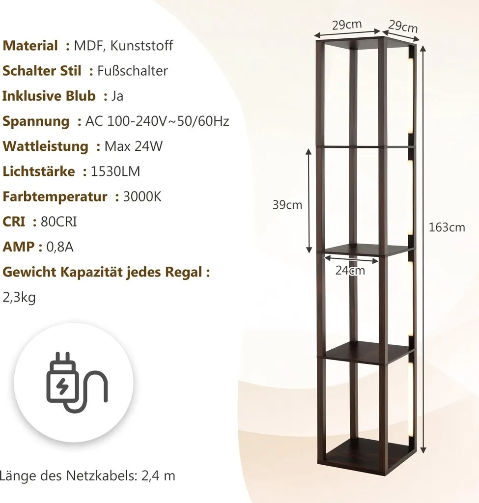 Lampadaire avec étagères bois marron et éclairage LED variable - Modèle L3 - 2