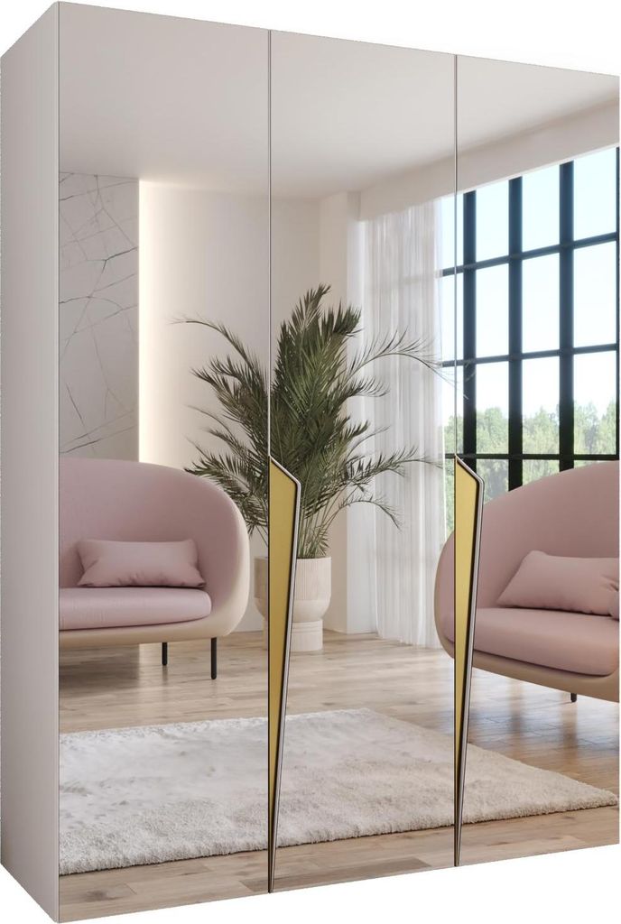 MEBLE KRYSPOL Schrank 150x202x52 cm mit Kleiderstange & Spiegel, 3xTür, PIANO, Weiß, Griff Gold