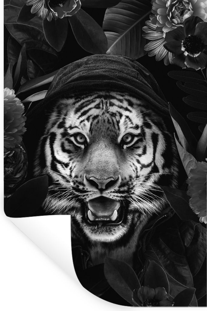MuchoWow Wandtattoo Wandsticker Wandaufkleber Tiger mit Kapuze und Blumen - schwarz und weiß 80x120 cm Selbstklebend und Repositionierbar - Repo...