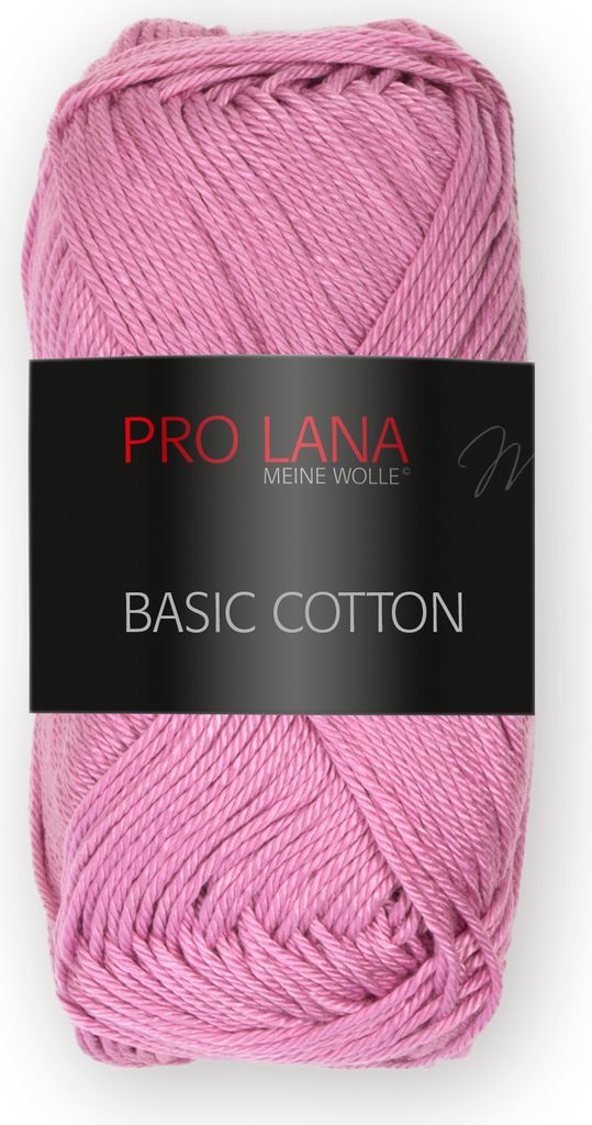 A ball of pink yarn with a black label.