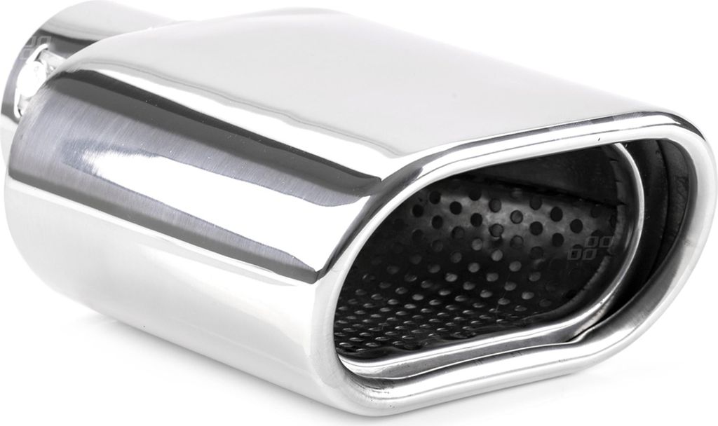 A close-up studio shot of a chrome exhaust tip.