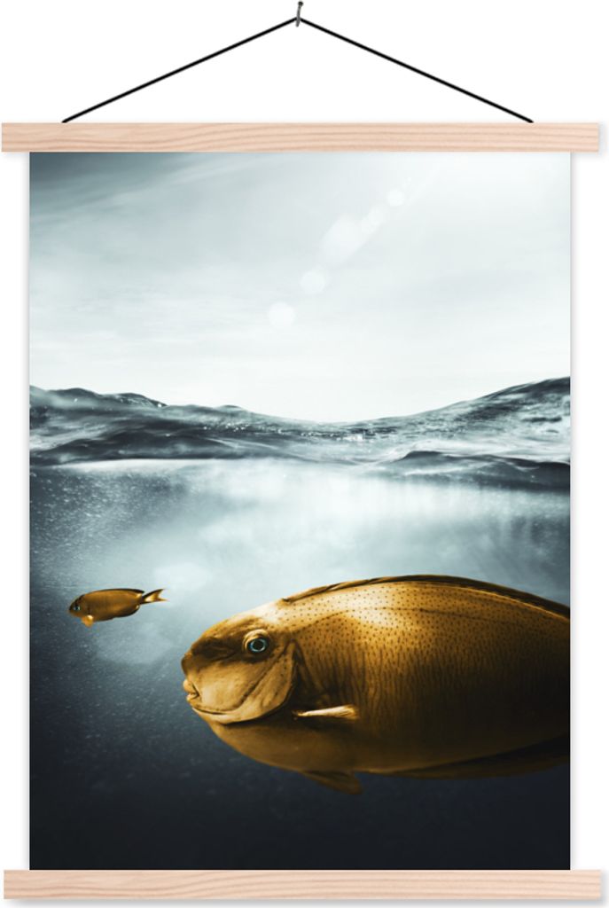 MuchoWow Textilposter Meer - Fisch - Gold 120x160 cm mit holzfarbenen Rahmen - Plakatkarton