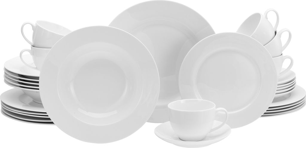 A collection of white porcelain dinnerware, including plates, bowls, and cups, arranged on a white background.