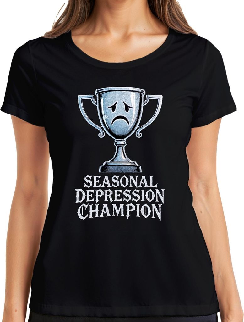 Seasonal Depression Champion Trophy Sad Face Lustig Geschenk Damen T-Shirt, Schwarz, M