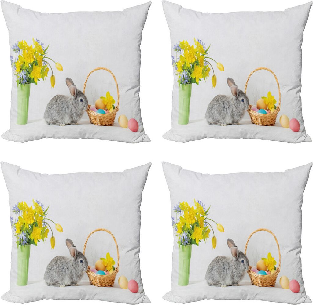ABAKUHAUS Osterhase Kissenbezug Set (4 Stück), Gefärbte Eier und Kaninchen, Moderner Doppelseitiger Digitaldruck, 50 cm x 50 cm, Mehrfarbig