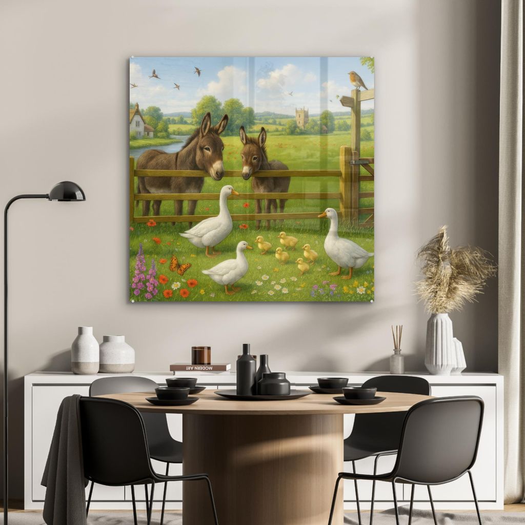 MuchoWow Glasbilder - Bilder auf Wandbild - Foto auf Glas Esel - Gänse - Farbenfroh 90x90 cm Wanddekoration aus Glas - Acrylglasbild - Acrylbilder...