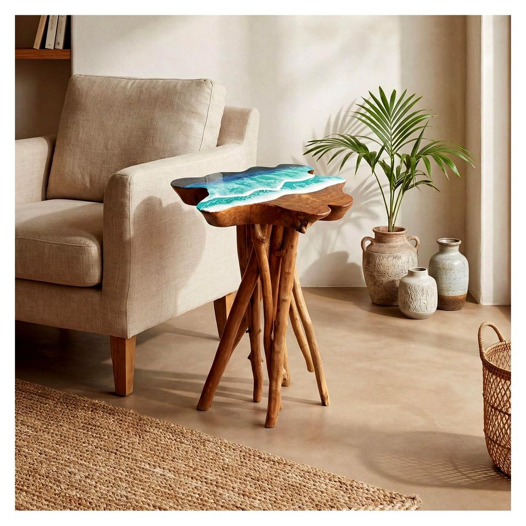 Beistelltisch aus massivem Teakholz B: 45 cm Baumscheibe mit Epoxidharz Meer Design Handarbeit Unikat