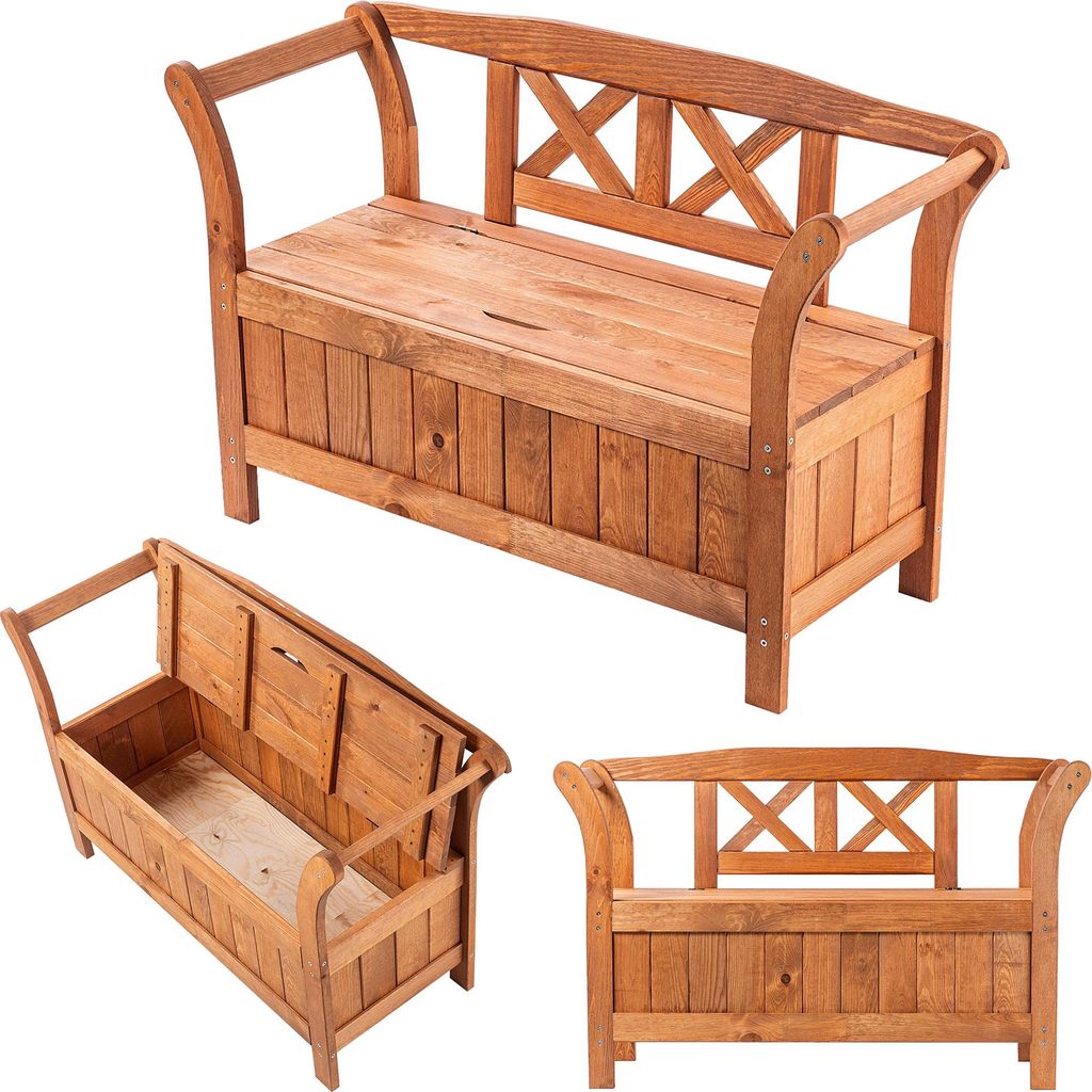 A collage of a wooden park bench with storage, showing different angles and views.