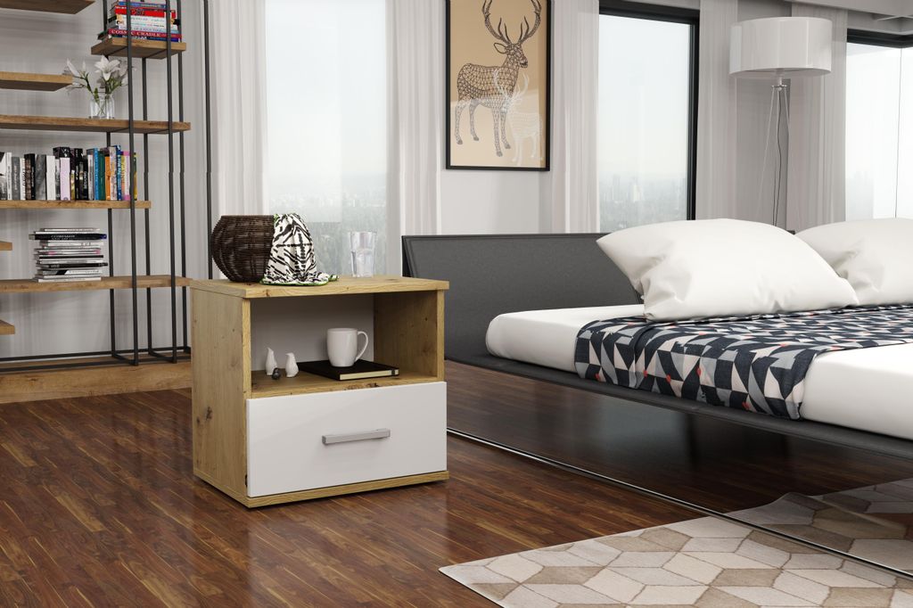 Nachttisch - Nachtkästchen - Nachtschrank - mit Schublade - 48x35x50 cm B/T/H - Weiß - Beistelltisch fürs Schlafzimmer - Bettkommode - GODA