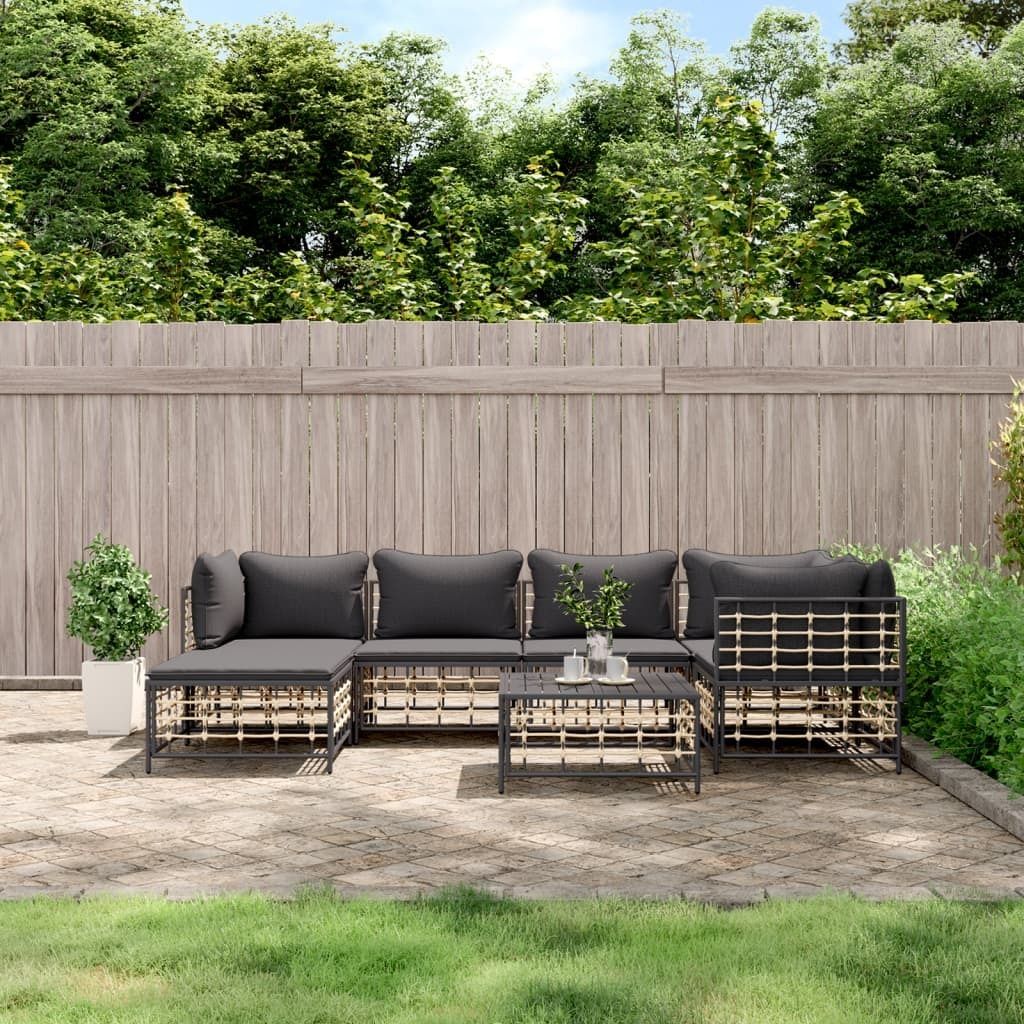 The Living Store 7-tlg. Garten-Lounge-Set mit Kissen Anthrazit Poly Rattan