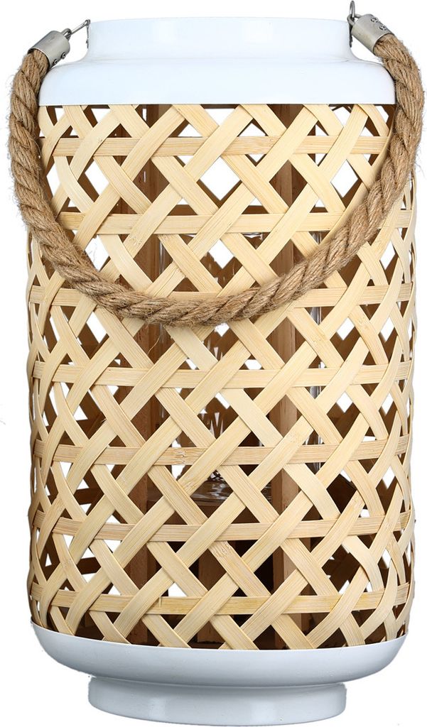 Casablanca Windlicht "Native" Metall / Holzgeflecht . weiß / naturfarben inklusive Glaseinsatz mit praktischem Trageseil H: 39 cm Ø 21 cm 84125