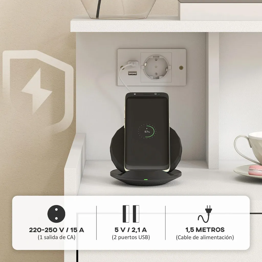 Commode de nuit blanche avec prise USB et rangement ouvert style moderne
