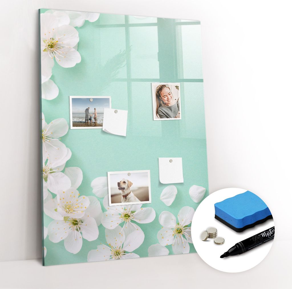 Magnetpinnwand Memoboard - Zubehörsatz - Schwarzer Marker + Schwamm + Magnete - 70 x 100 cm - Blühende Blumen