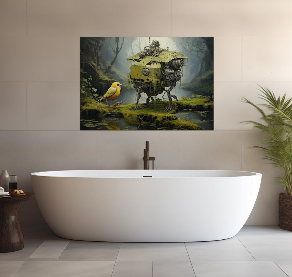 Wallario wasserfestes Poster selbstklebend 70 x 100 cm, Begegnung zweier Welten, Badezimmerposter Spritzschutz mit Hochglanzoberfläche in Glasoptik