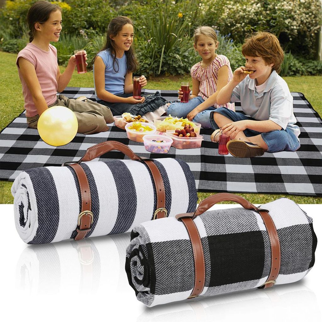 Eikuavons Picknickdecke Wasserdicht 200x200 cm XXL Outdoor Campingdecke Faltbar mit Tragegriff, Streifen & Karo Muster