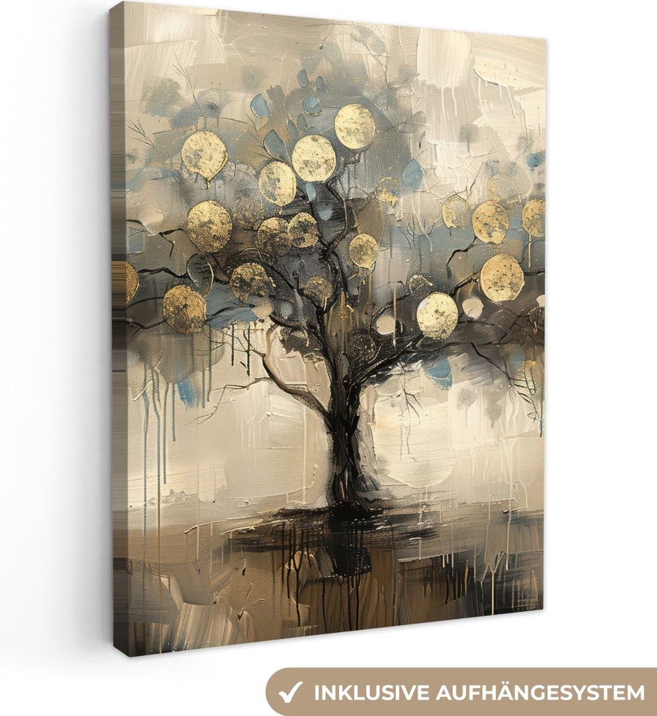 MuchoWow - Leinwandbilder - Beige - Abstrakt - Baum - Gold, Wandbild, Wanddeko Bilder Wohnzimmer, 90x120 cm