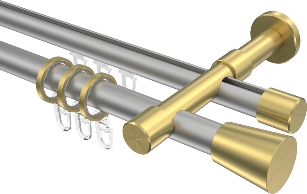 Interdeco Rundrohr-Innenlaufstange / Gardinenstange (Kombination) Silbergrau / Messing-Optik, Typ Prestige Sitra (Konus), 20 mm Ø 2-läufig, 280 cm