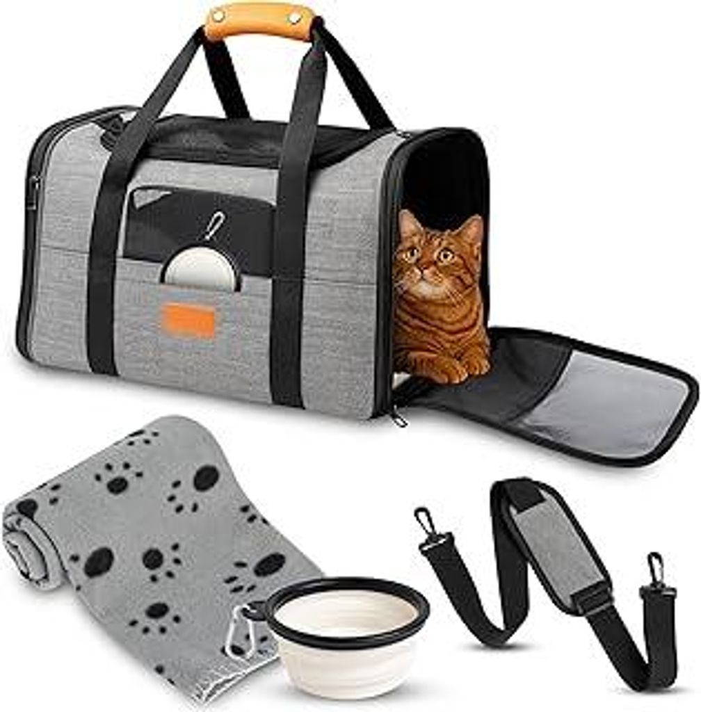 Katzen Transportboxen - Transportbox Katze und Kleine Hunde mit faltbarem Napf, Decke, Schultergurt, gepolsterter Bodenplatte - hundetransportbox A...
