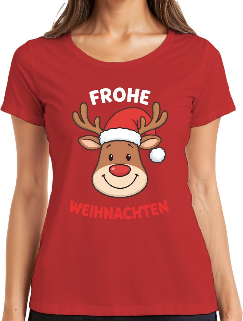 FROHE WEIHNACHTEN Rentier Weihnachtsmütze Cartoon Lustig Kinder Damen T-Shirt, Rot, 3XL