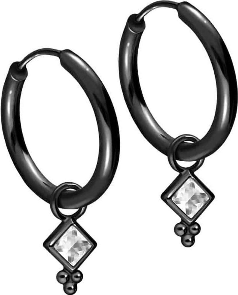 Chirurgenstahl Ohrclicker Creolen KRISTALLQUADRAT + KUGELN Schwarz Innendurchmesser: 14mm + Designstärke: 1,6mm