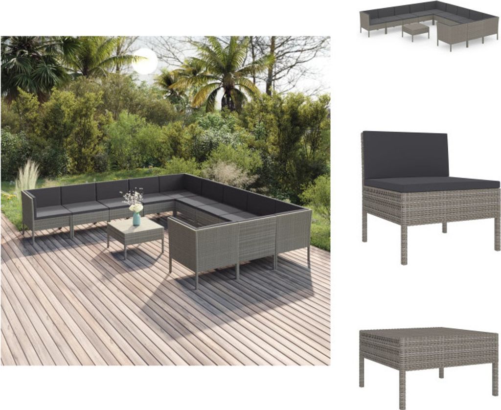 vidaXL 12-tlg. Garten-Lounge-Set mit Auflagen Poly Rattan Grau - Gartenmöbel-Sets