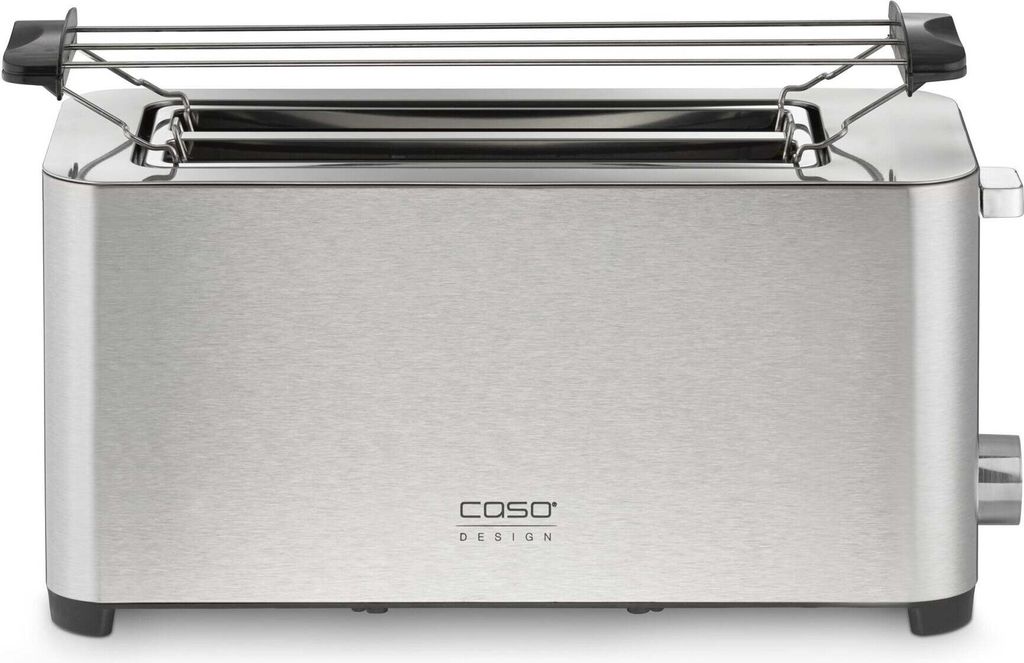 A stainless steel toaster is shown from the front on a white background.