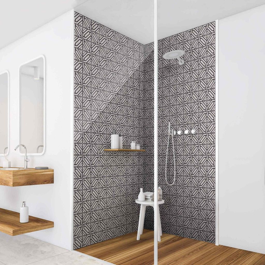 Duschrückwand mit Motiv selbstklebend - 0.61 mm Wandpaneel wasserfest Design schwarz Fliesenoptik Illustration Badrückwand fugenlos Premium matt ...